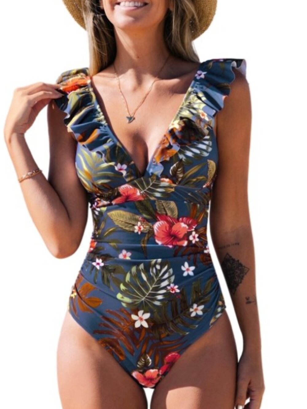 Women's One Piece Swimsuit Deep V Neck Ruffle Tummy Control Back Tie Bathing XS
